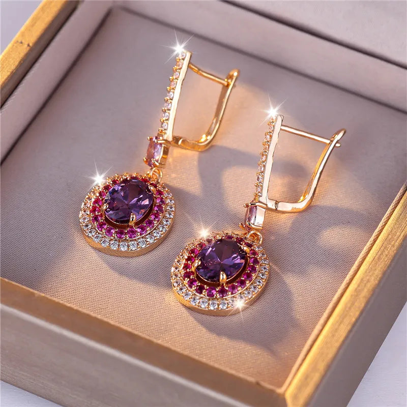 Luxe Vrouwelijke Rood Paars Ovale Zirkoon Steen Clip Oorbellen Charme Goud Kleur Bruiloft Sieraden Voor Vrouwen