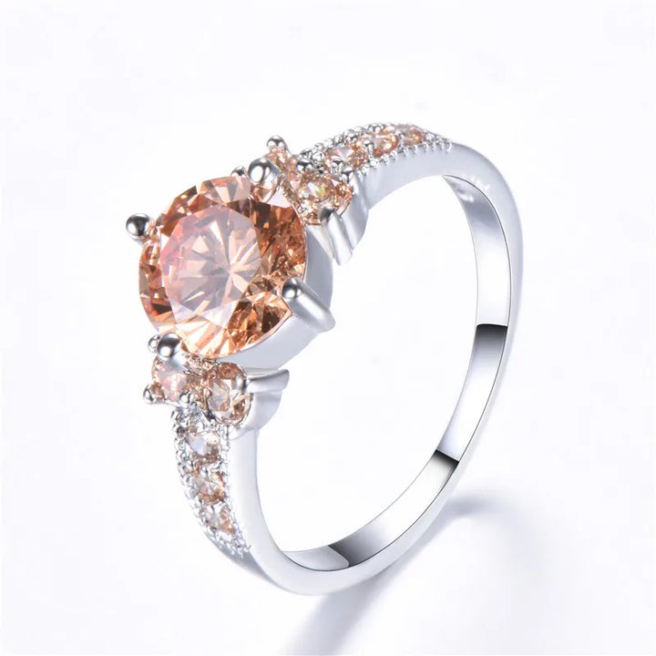 Luxe Vrouwelijke Charme Groen Roze Kristal Zilveren Kleur Ringen Voor Vrouwen Ronde Stenen Verloving Bruiloft Sieraden