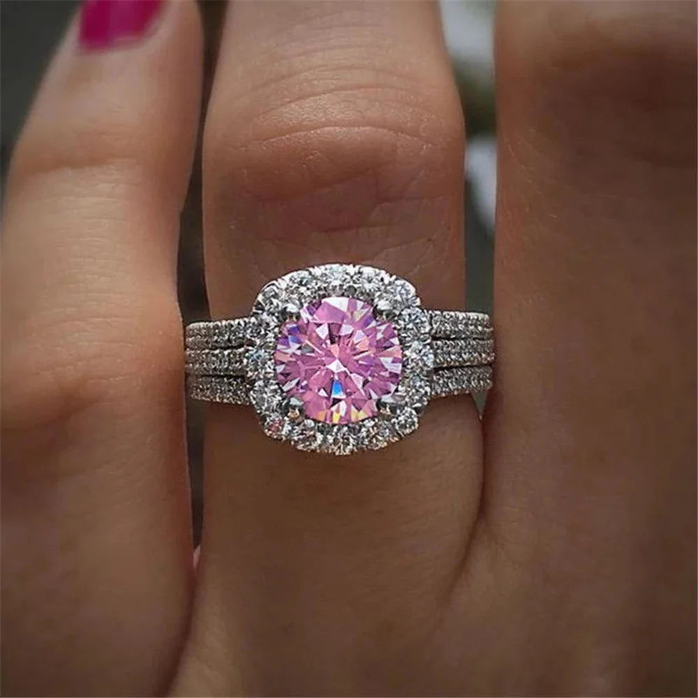 Kristal Vrouwelijke Wit Roze Zirkoon Stenen Ring Set Zilver Goud Kleur Bruids Bruiloft Verlovingssieraden Voor Vrouwen