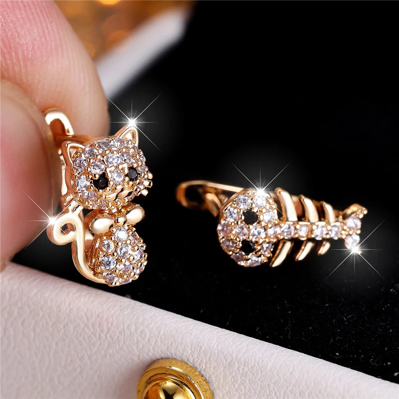 Whimsy Cat &amp; Fish Hoop Earrings