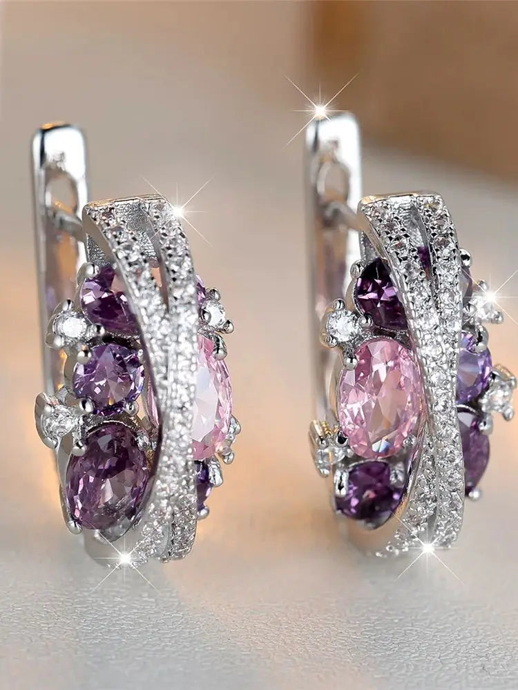 Charme Vrouwelijke Roze Blauw Kristal Zirkoon Steen Hoepel Oorbellen Zilver Kleur Eenvoudige Bruiloft Sieraden Voor Vrouwen