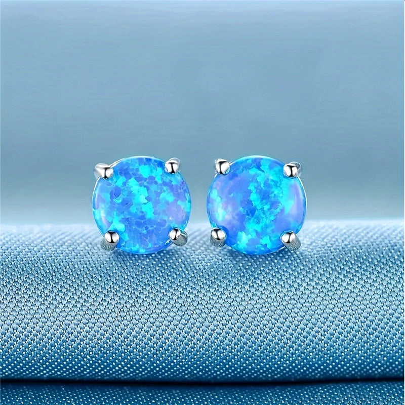 Schattige Vrouwelijke Blauwe Kristal Wit Groen Vuur Opaal Steen Oorknopjes Zilveren Kleur Bruiloft Sieraden Voor Vrouwen