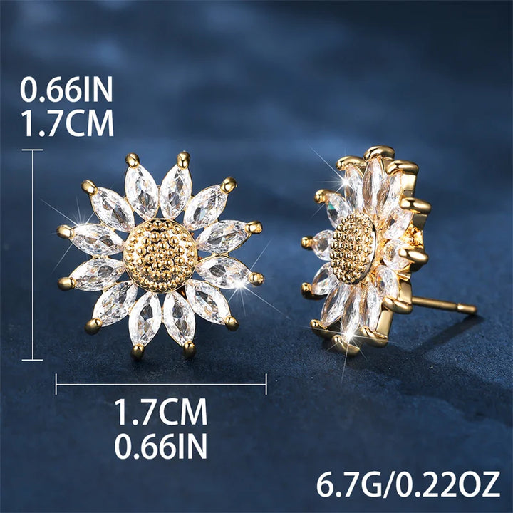 Luxe Vrouwelijke Witte Kristallen Oorknopjes Geel Gouden Kleur Sieraden Voor Vrouwen Charme Ronde Zonnebloem Oorbellen