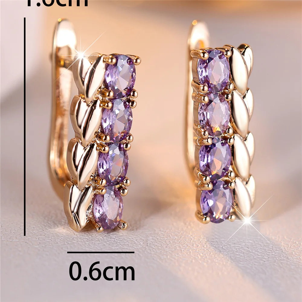 Charme Vrouwelijke Paarse Kristal Zirkoon Steen Tarwe Hoepel Oorbellen Goud Kleur Eenvoudige Bruiloft Sieraden Voor Vrouwen