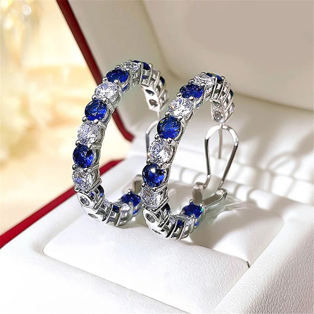 Schattige Vrouwelijke Witte Groene Blauwe Zirkoon Steen Ronde Clip Oorbellen Mode Zilveren Kleur Bruiloft Sieraden Voor Vrouwen