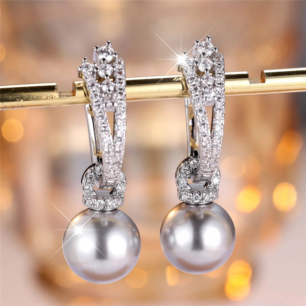 Luxe vrouwelijke witte parel steen hoepel oorbellen mode zilveren kleur bruiloft sieraden voor vrouwen