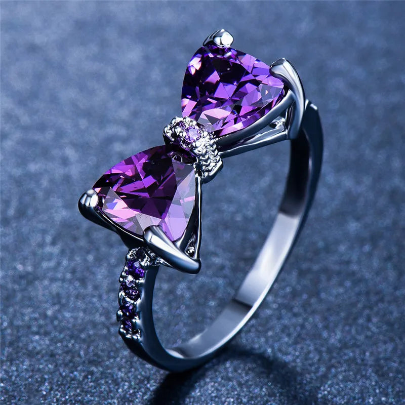 Schattige Vrouwelijke Witte Strik Zirkoon Steen Ring Eenvoudige Zilveren Kleur Dunne Bruiloft Sieraden Voor Vrouwen
