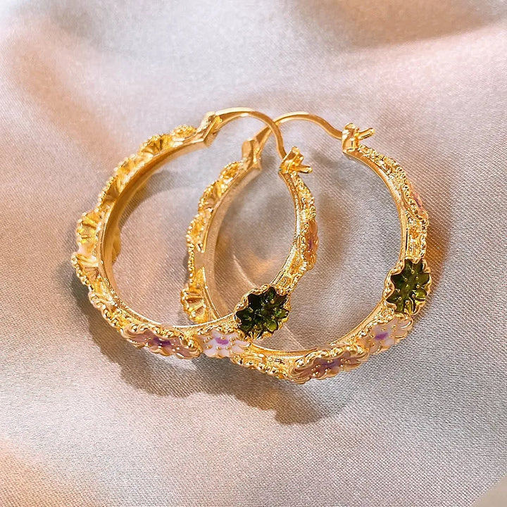 Charm Female Rainbow Enamel Flower Hoop Earrings Gold Color Simple Round Wedding Jewelry For Women