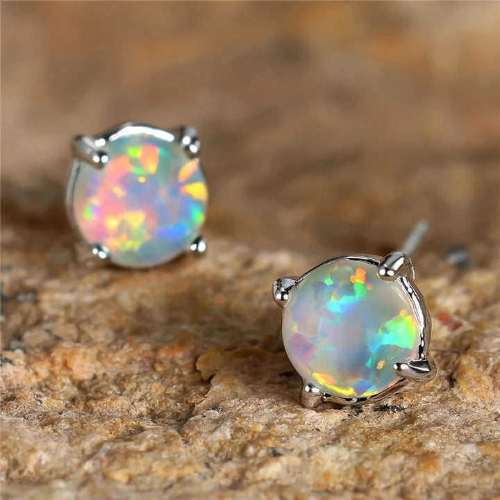 Schattige Vrouwelijke Blauwe Kristal Wit Groen Vuur Opaal Steen Oorknopjes Zilveren Kleur Bruiloft Sieraden Voor Vrouwen