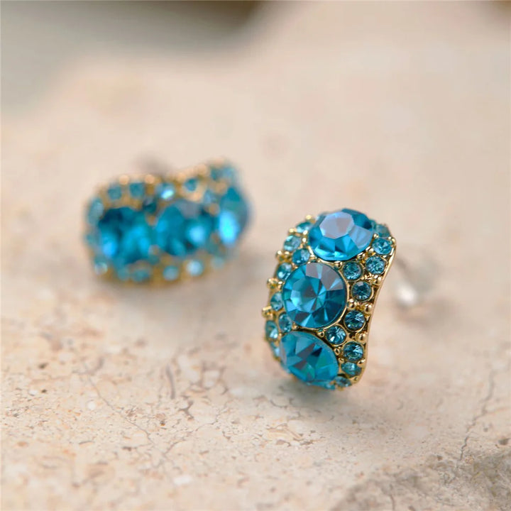 Elegante Vrouwelijke Blauwe Strass Clip Oorbellen 2024 Trend Gouden Kleur Bruiloft Sieraden Voor Vrouwen