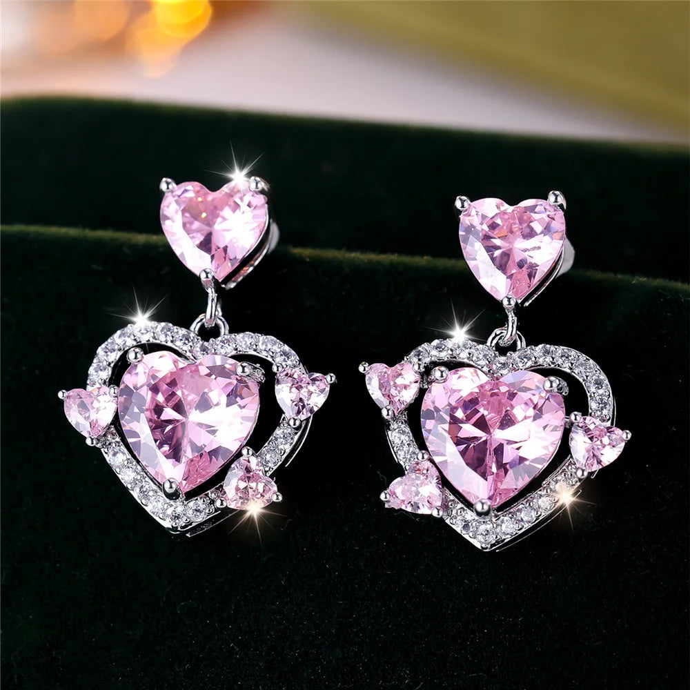 Leuke vrouwelijke steen wit roze zirkoon liefde hart Stud Oorbellen zilveren kleur bruiloft sieraden voor vrouwen