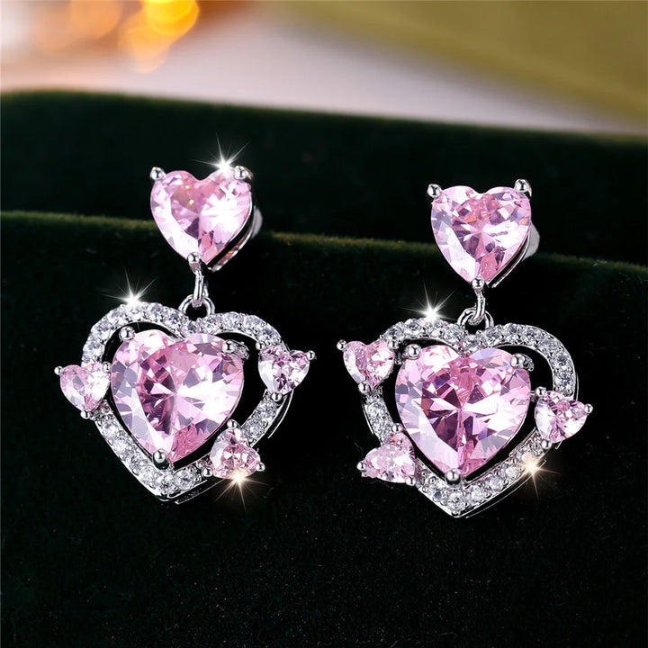 Leuke vrouwelijke steen wit roze zirkoon liefde hart Stud Oorbellen zilveren kleur bruiloft sieraden voor vrouwen
