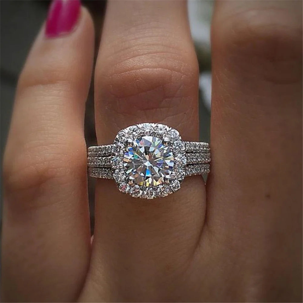 Kristal Vrouwelijke Wit Roze Zirkoon Stenen Ring Set Zilver Goud Kleur Bruids Bruiloft Verlovingssieraden Voor Vrouwen