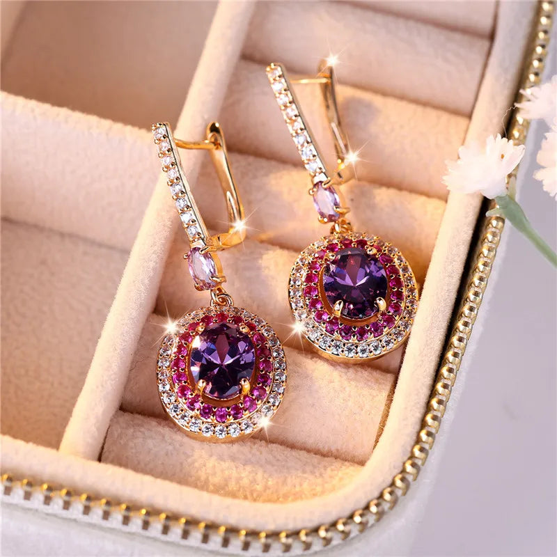 Luxe Vrouwelijke Rood Paars Ovale Zirkoon Steen Clip Oorbellen Charme Goud Kleur Bruiloft Sieraden Voor Vrouwen