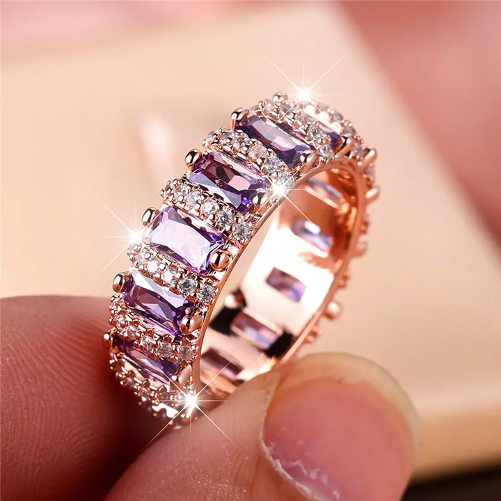 Luxe Vrouwelijke Paarse Zirkoon Stenen Ring Trendy Rose Goud Kleur Engagement Bruiloft Sieraden Cadeau Voor Vrouwen