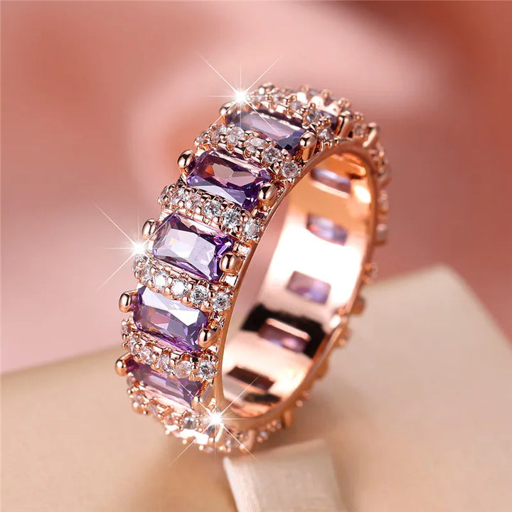 Luxe Vrouwelijke Paarse Zirkoon Stenen Ring Trendy Rose Goud Kleur Engagement Bruiloft Sieraden Cadeau Voor Vrouwen