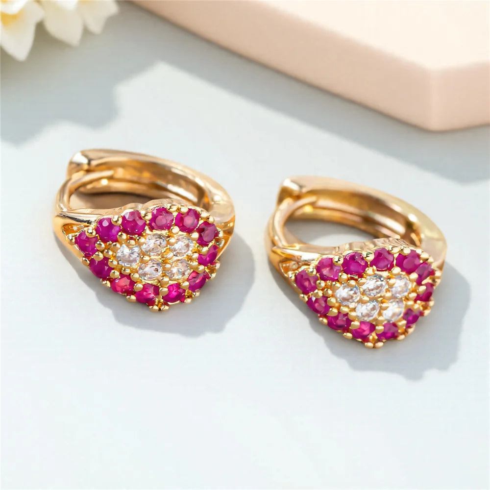 Charme Vrouwelijke Rose Rode Zirkoon Steen Hoepel Oorbellen Luxe Gouden Kleur Bruiloft Sieraden Voor Vrouwen