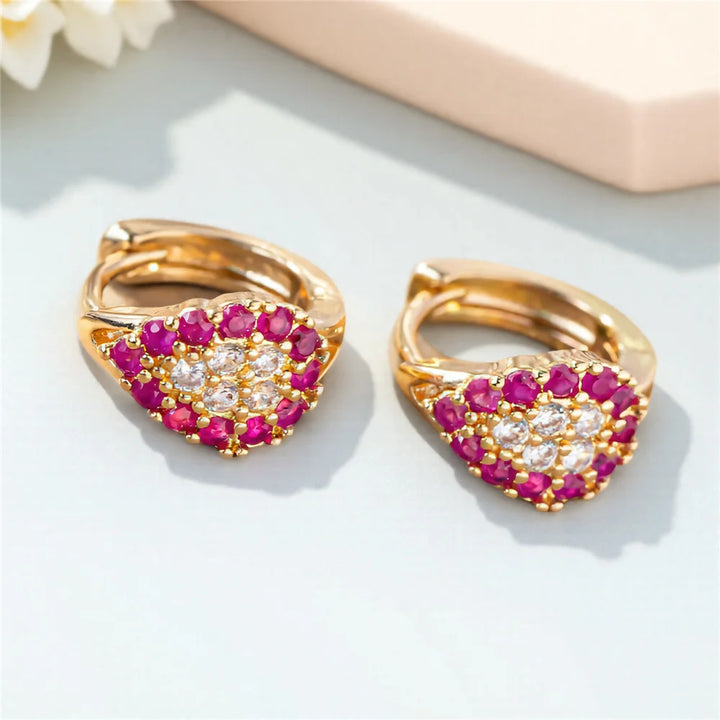 Charme Vrouwelijke Rose Rode Zirkoon Steen Hoepel Oorbellen Luxe Gouden Kleur Bruiloft Sieraden Voor Vrouwen