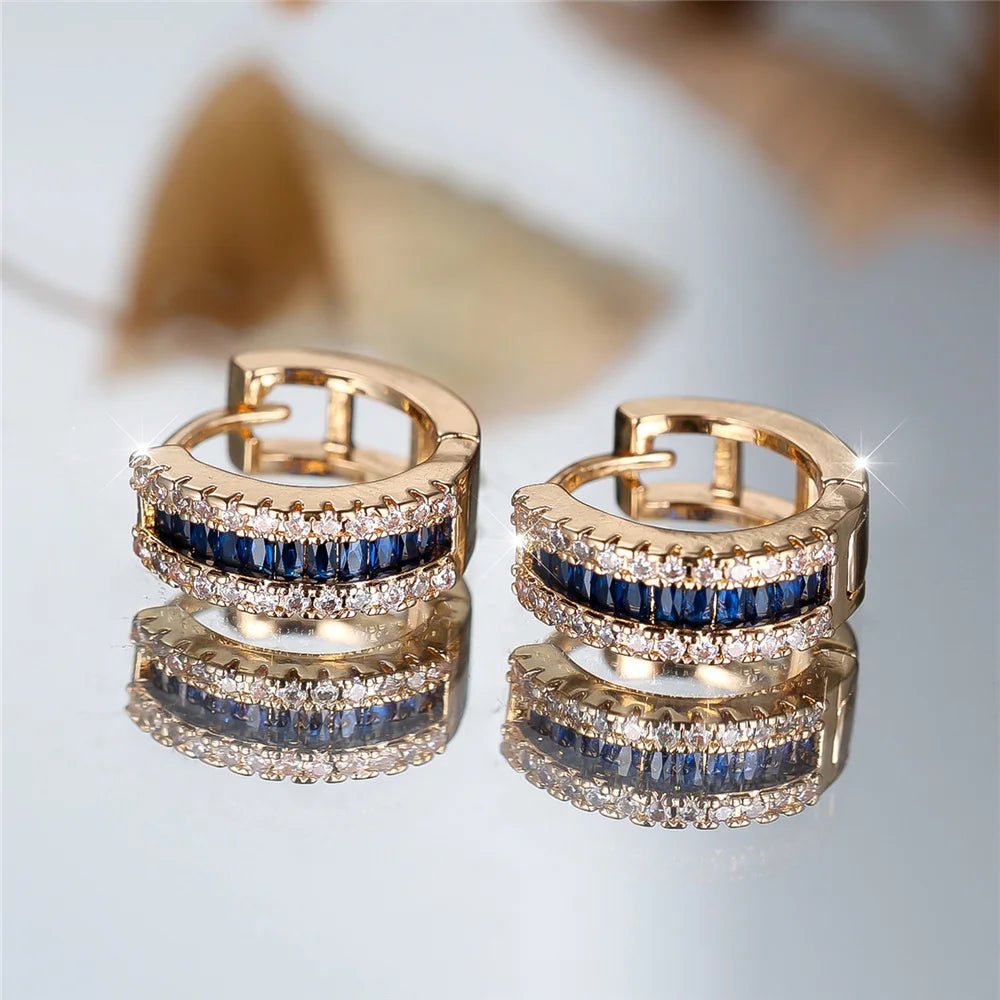 Schattige Vrouwelijke Witte Blauwe Zirkoon Steen Ronde Oorringen Mode Vrouwelijke Gouden Kleur Bruiloft Sieraden Voor Vrouwen