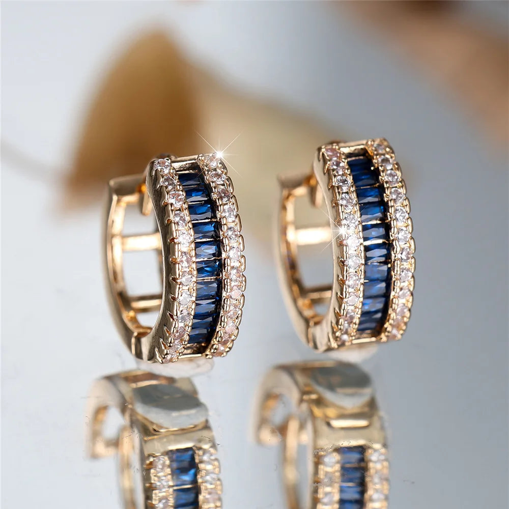 Schattige Vrouwelijke Witte Blauwe Zirkoon Steen Ronde Oorringen Mode Vrouwelijke Gouden Kleur Bruiloft Sieraden Voor Vrouwen