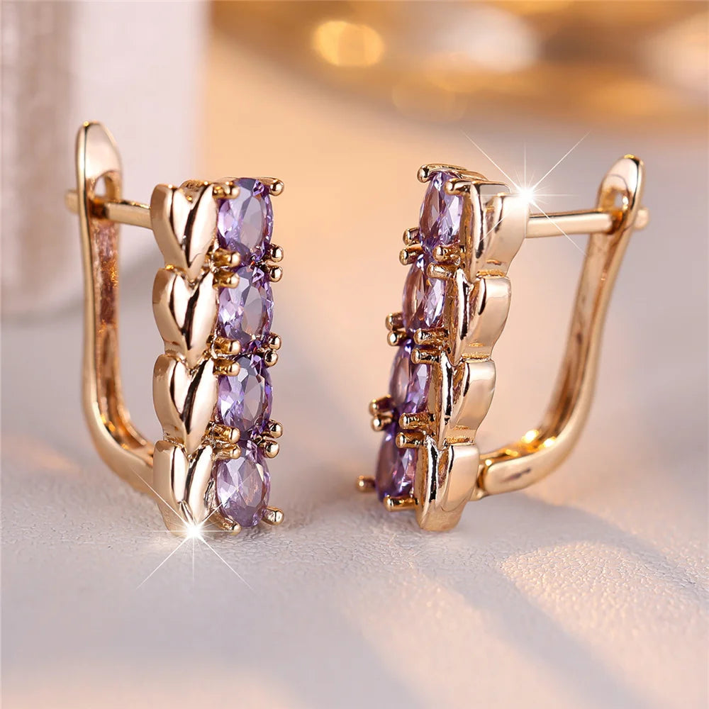 Charme Vrouwelijke Paarse Kristal Zirkoon Steen Tarwe Hoepel Oorbellen Goud Kleur Eenvoudige Bruiloft Sieraden Voor Vrouwen