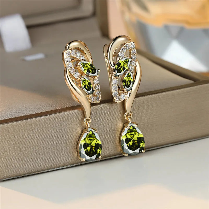 Leuke Vrouwelijke Groen Blauwe Zirkoon Steen Oorbellen Luxe Gouden Kleur Bruiloft Sieraden Voor Vrouwen
