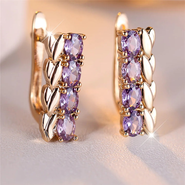 Charme Vrouwelijke Paarse Kristal Zirkoon Steen Tarwe Hoepel Oorbellen Goud Kleur Eenvoudige Bruiloft Sieraden Voor Vrouwen