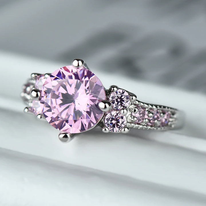 Luxe Vrouwelijke Charme Groen Roze Kristal Zilveren Kleur Ringen Voor Vrouwen Ronde Stenen Verloving Bruiloft Sieraden