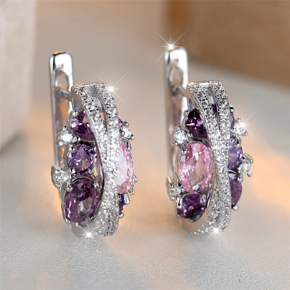 Charme Vrouwelijke Roze Blauw Kristal Zirkoon Steen Hoepel Oorbellen Zilver Kleur Eenvoudige Bruiloft Sieraden Voor Vrouwen