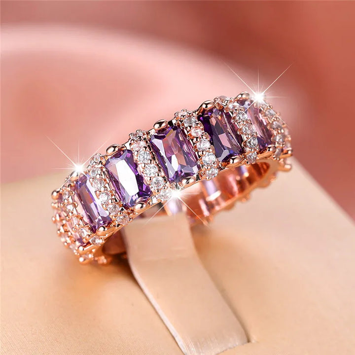 Luxe Vrouwelijke Paarse Zirkoon Stenen Ring Trendy Rose Goud Kleur Engagement Bruiloft Sieraden Cadeau Voor Vrouwen