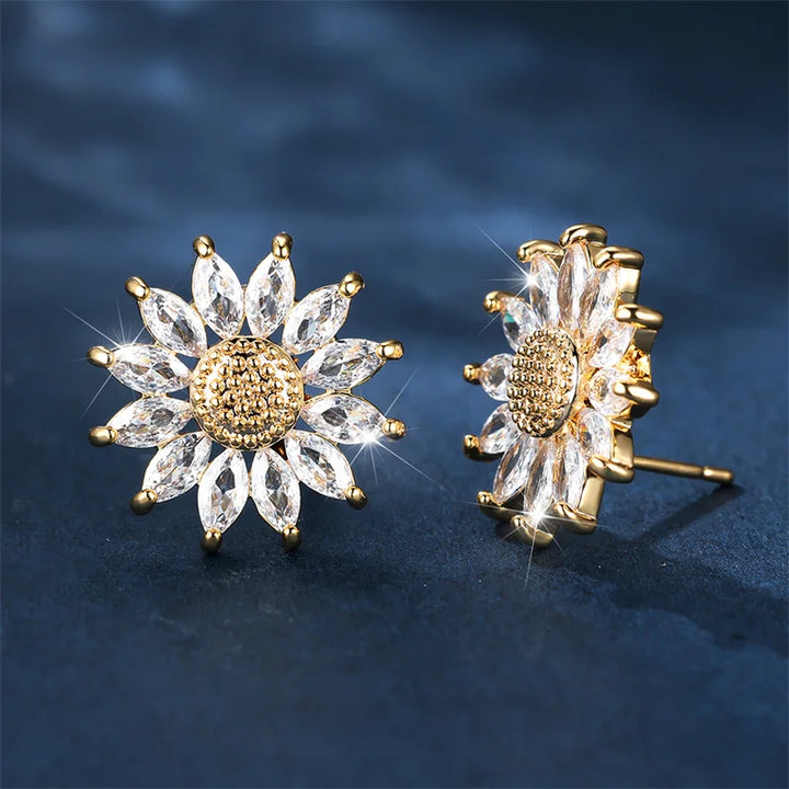 Luxe Vrouwelijke Witte Kristallen Oorknopjes Geel Gouden Kleur Sieraden Voor Vrouwen Charme Ronde Zonnebloem Oorbellen