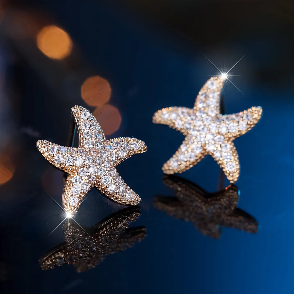 Leuke vrouwelijke steen witte kristallen zeester oorbellen gouden kleur bruiloft sieraden voor vrouwen