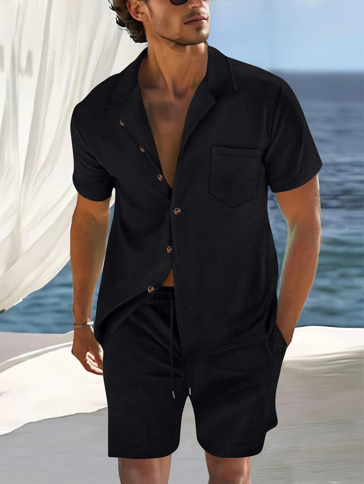 Shirt And Shorts Set - Cuban Collar Shirt And Elastic Waist