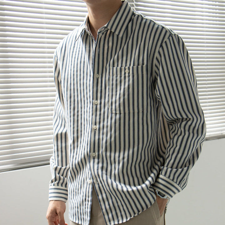 Shirt - Striped Vertical Long Sleeve And Smooth Layering