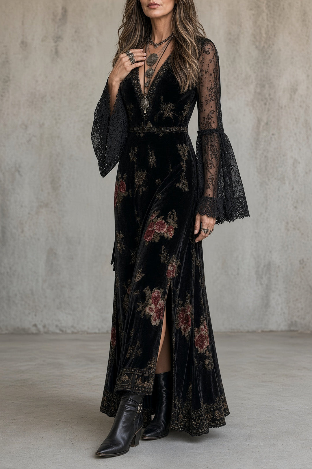 Eugenia | Vestido Maxi Floral de Terciopelo