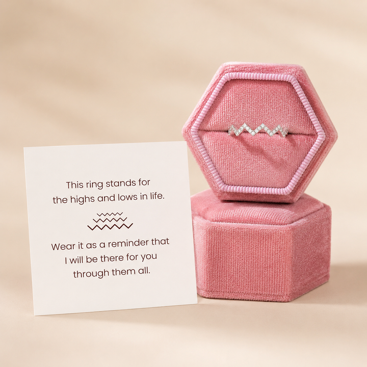 Highs and Lows Friendship Ring with pink gift box and message card