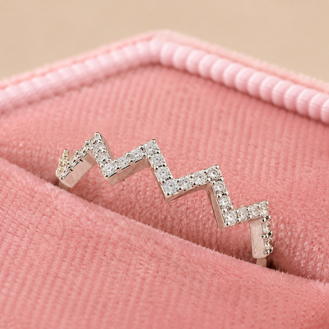 Close-up of Highs and Lows silver ring with sparkling stones
